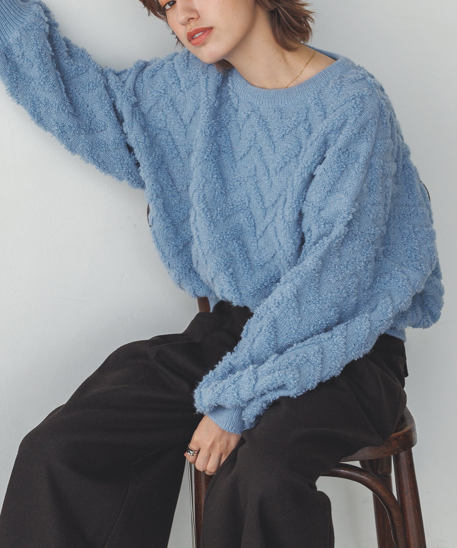 ハンチ hunch モヘアタッチヘリンボーン柄編みニット (ブルー) ブルー