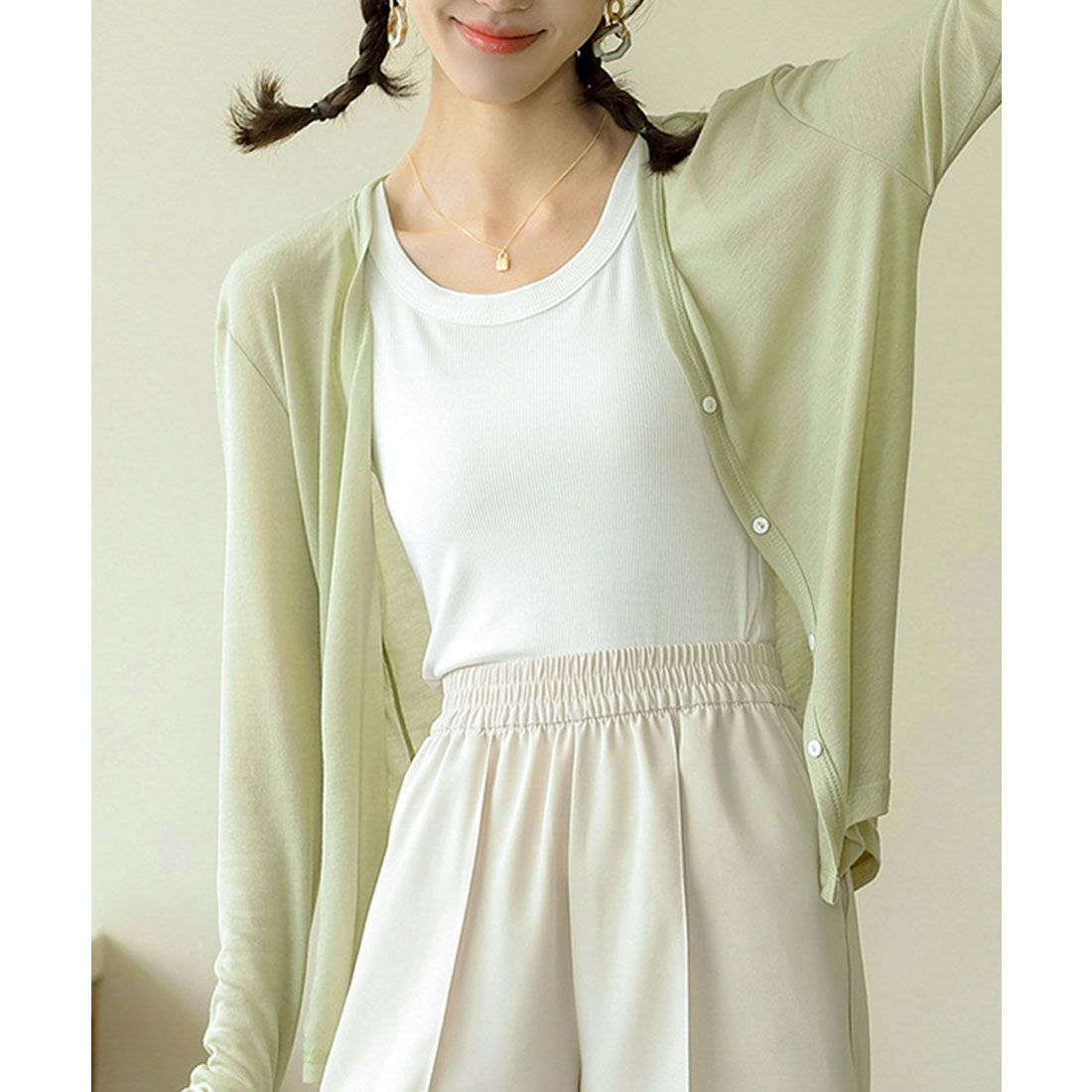 エスイーユー SEU シルクタッチVネックニットカーディガン サマーニット ゆったり 冷房対策 紫外線対策 UV対策 韓国ファッション SEU,グリーン