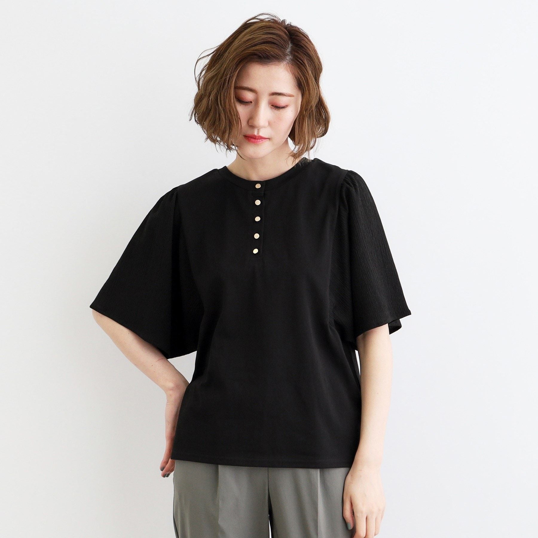 グローブ grove <接触冷感・UVカット・前後2WAY>異素材スリーブプルオーバー,ブラック(019)