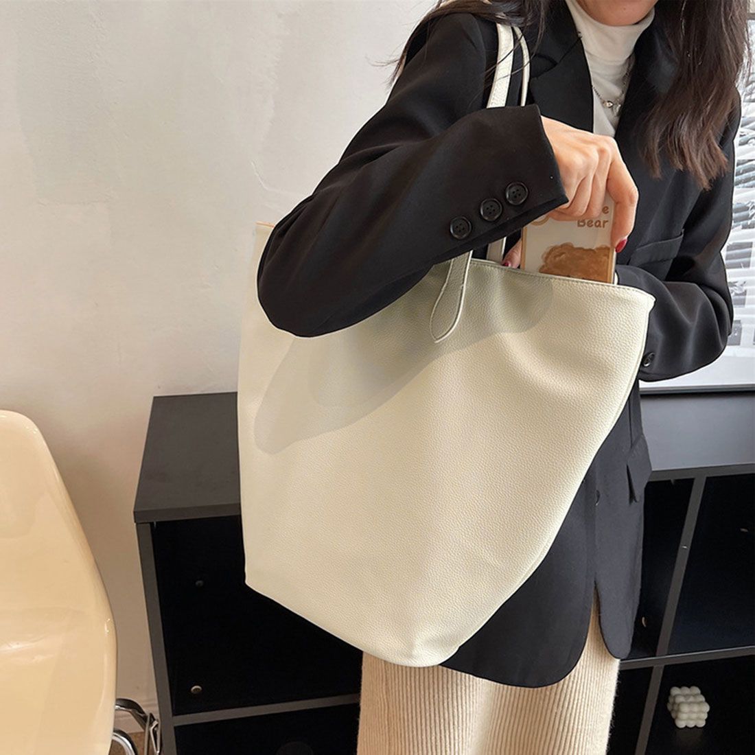 PU leather tote bag, large capacity, retro