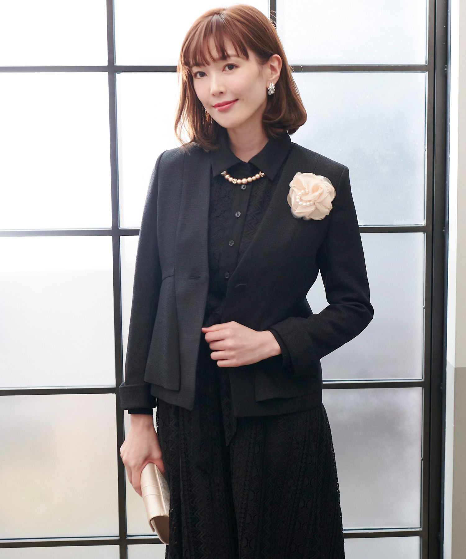 ルイルエブティック RUIRUE BOUTIQUE レースシャツワンピースセットアップスーツ,ブラック