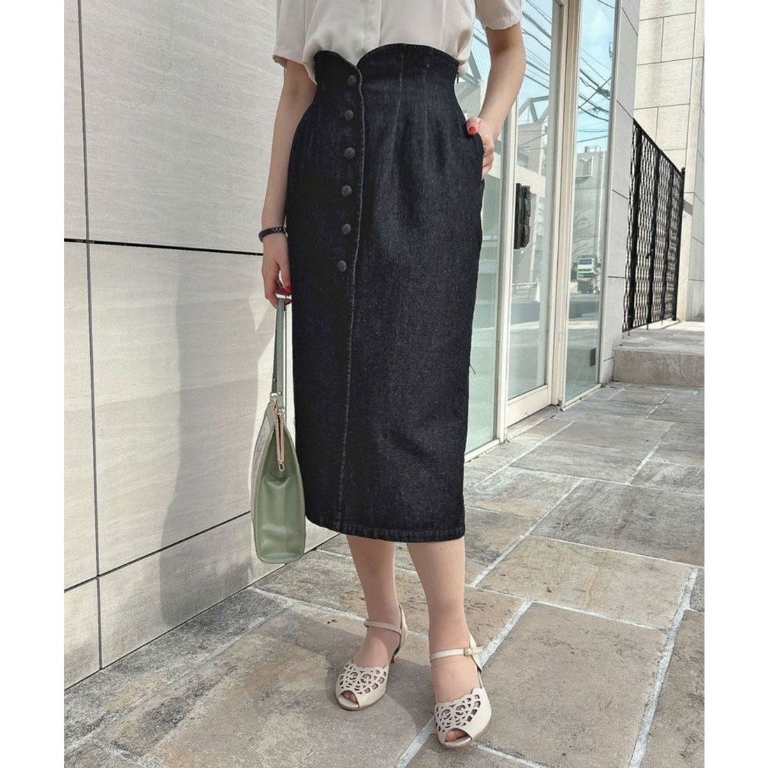 アンアナザーアンジェラス an another angelus フロント釦ハイウエストタイトスカート【洗える】,BLACK