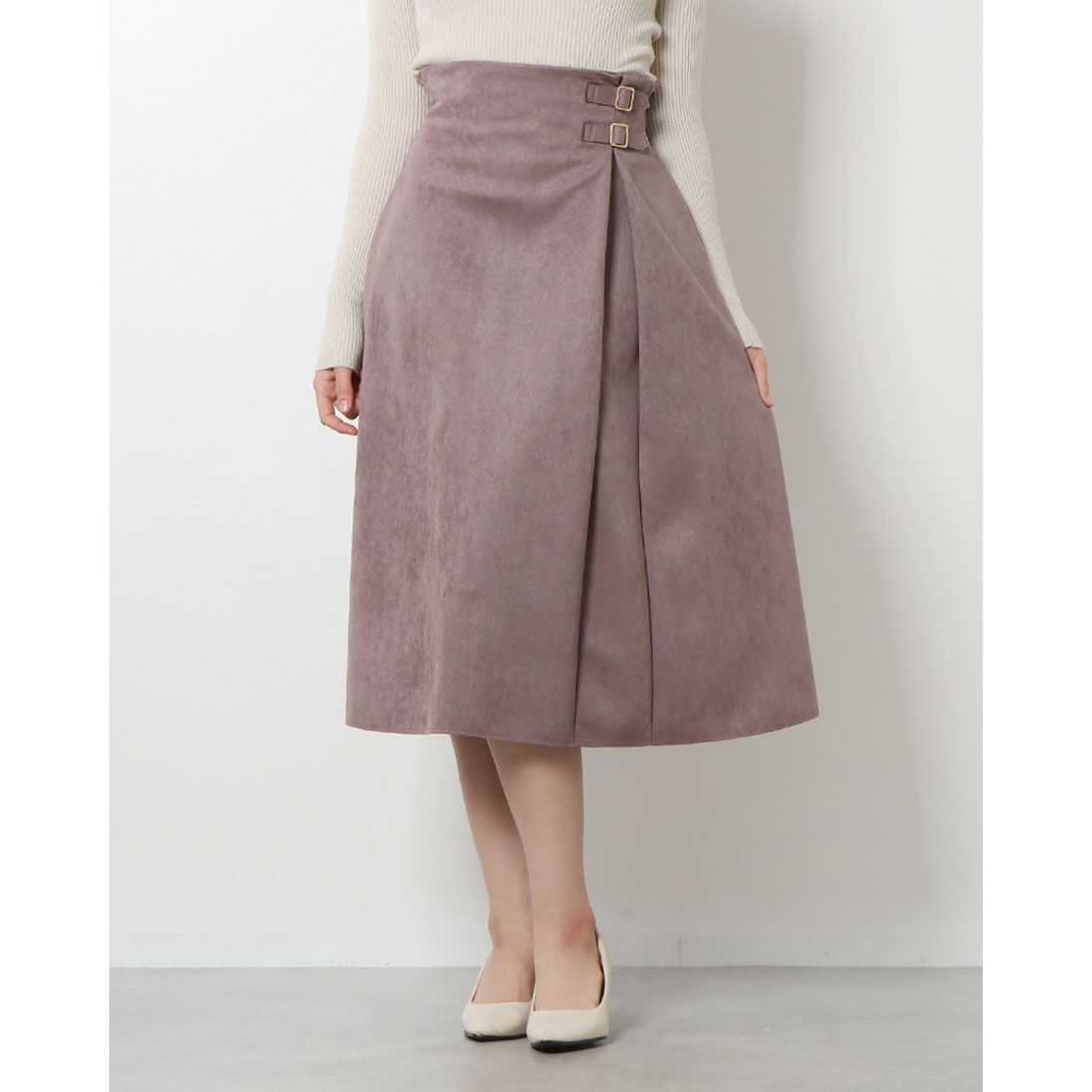 トゥエルブアジェンダ 12Twelve Agenda フェイクスエードサイドベルトフレアスカート,ピンク