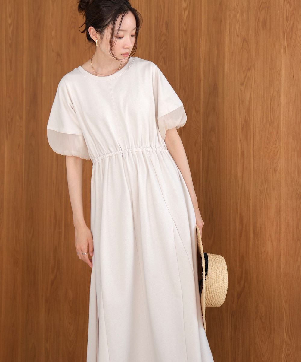 バブ Bab 前後2WAY袖オーガンジーフレアーワンピース,エクリュ