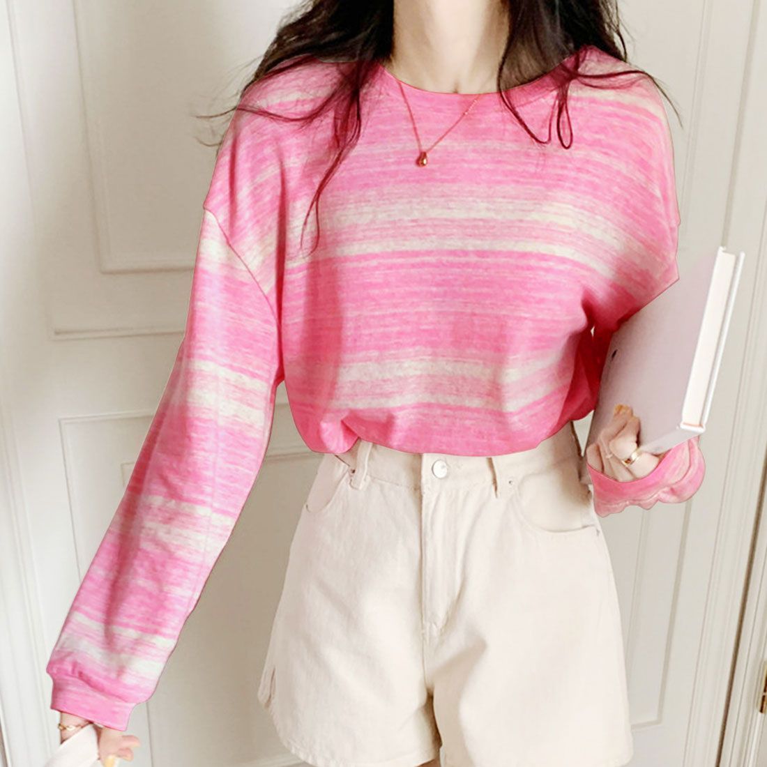 デューリリー Dewlily マルチボーダーTシャツ レディース 10代 20代 30代 韓国ファッション 春 秋 カジュアル 長袖 おしゃれ 可愛い 黒 バイカラー,ピンク