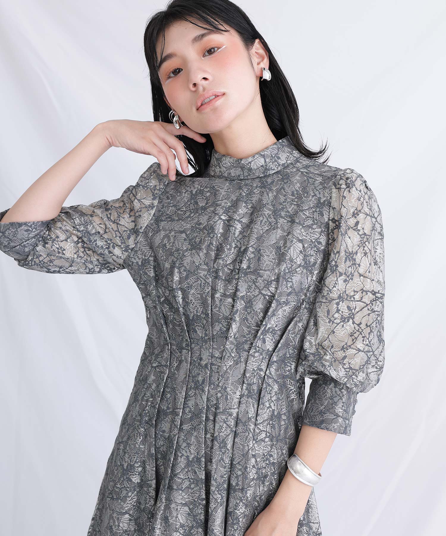 プールヴー PourVous ミモレ丈&七分袖フォーマルハイネックお呼ばれ結婚式パーティードレス ワンピース 20代 30代 40代 (カーキ) カーキ