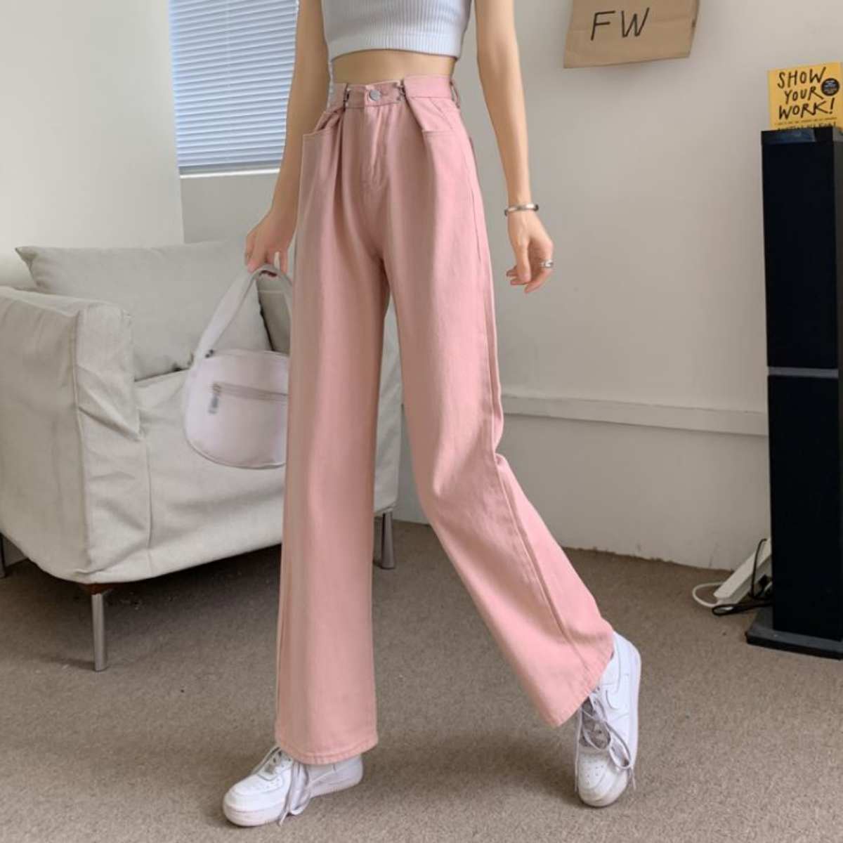 ベルシー Belle Cie ワイドパンツ レディース ウエストシェイプ ハイウエスト パンツ ゆったり ジーンズ ハイウェスト デニム ボトムス (ピンク) ピンク