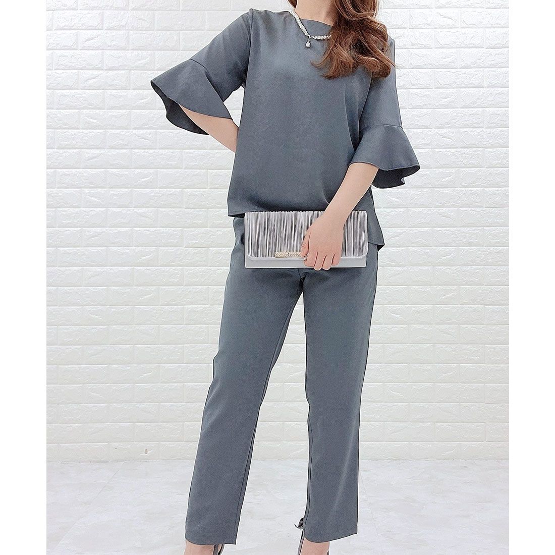 レースレディース Lace Ladies 五分袖 無地パンツセットアップ,ダークグレー