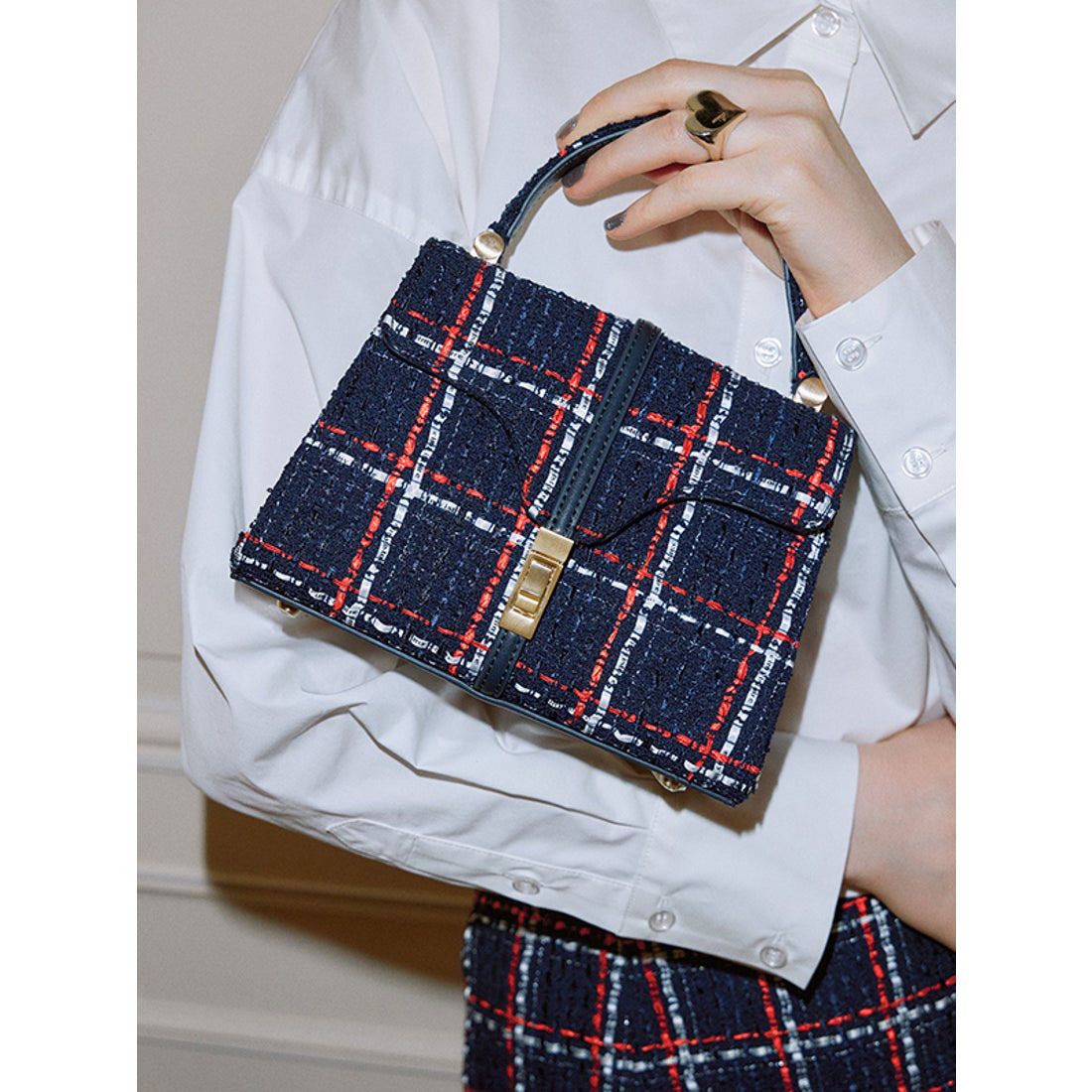 エイミーイストワール eimy istoire eimy ribbon ツイードハンドルミニバッグ,NAVY