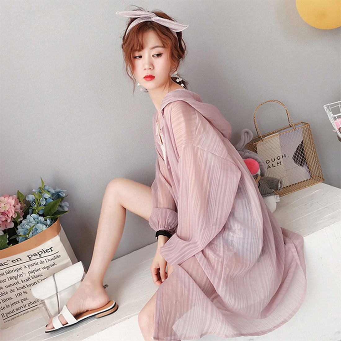 シフォンシアーカーディガン 薄手羽織り ピンク