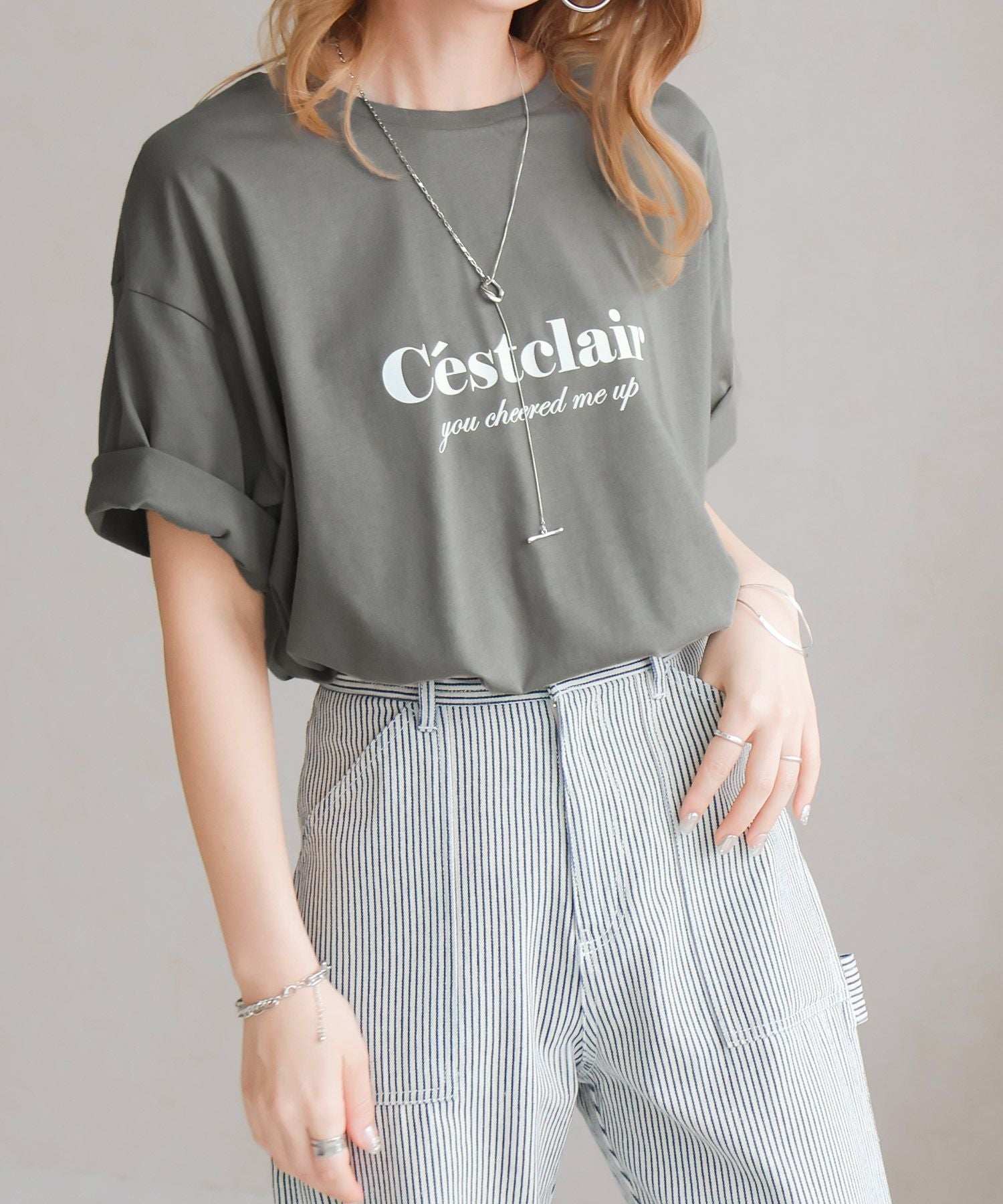 ソーシャルガール SocialGIRL C’ESTCLAIRロゴTシャツ,チャコール