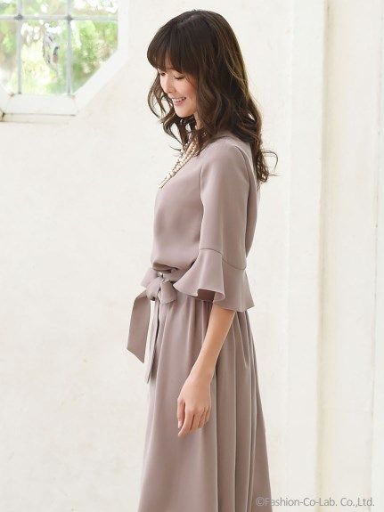 選べる2タイプのTOPS デザインスリーブフレアスカートセットアップ,ローズグレー