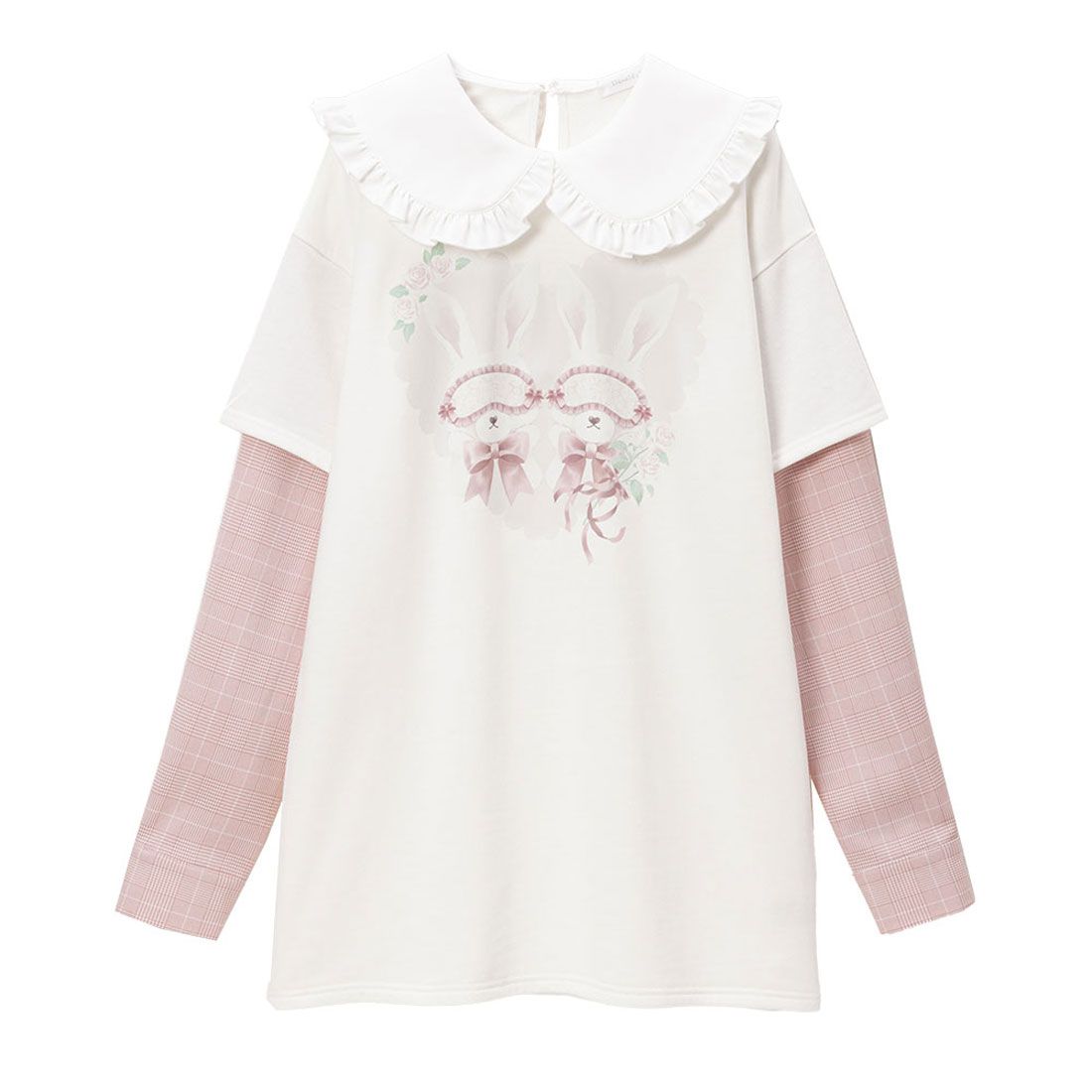 ユメテンボウ 夢展望 丸襟フリル裏毛ワンピ,ホワイト×ピンクチェック