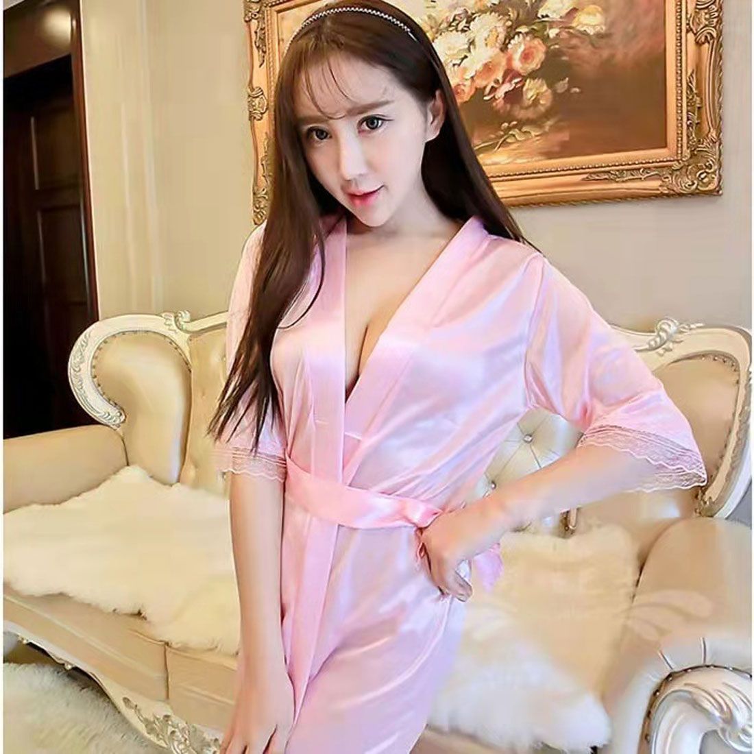 バニラ Vanilla セクシー雑貨 サテンガウン&Tバックショーツセット【返品不可商品】,ピンク