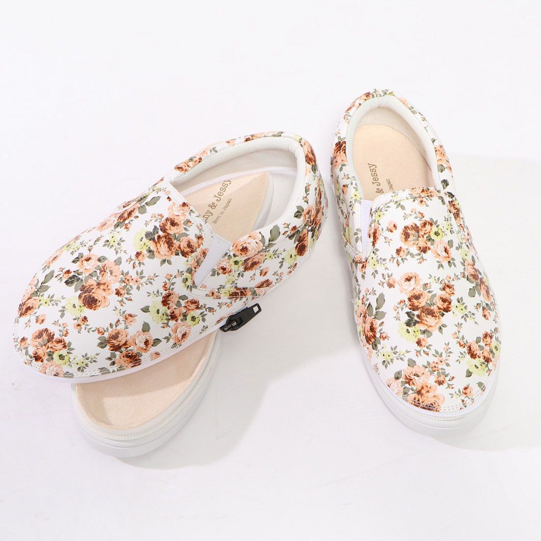 ジョニーアンドジェシー Johnny & Jessy フラワー柄ゴムスリッポン,ホワイト