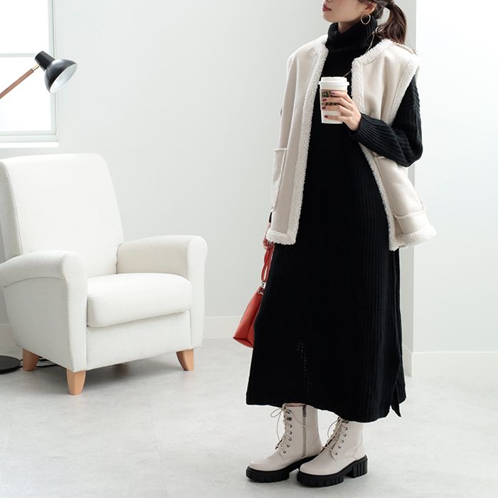 ジーラ GeeRA あぜ編タートルネックニットワンピース,ブラック