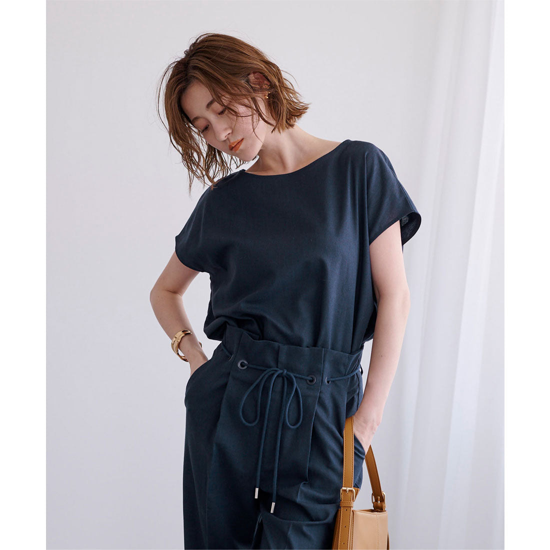 ユアーズ ur's リネンブレンドコクーンシルエットトップス (ダークネイビー) ダークネイビー