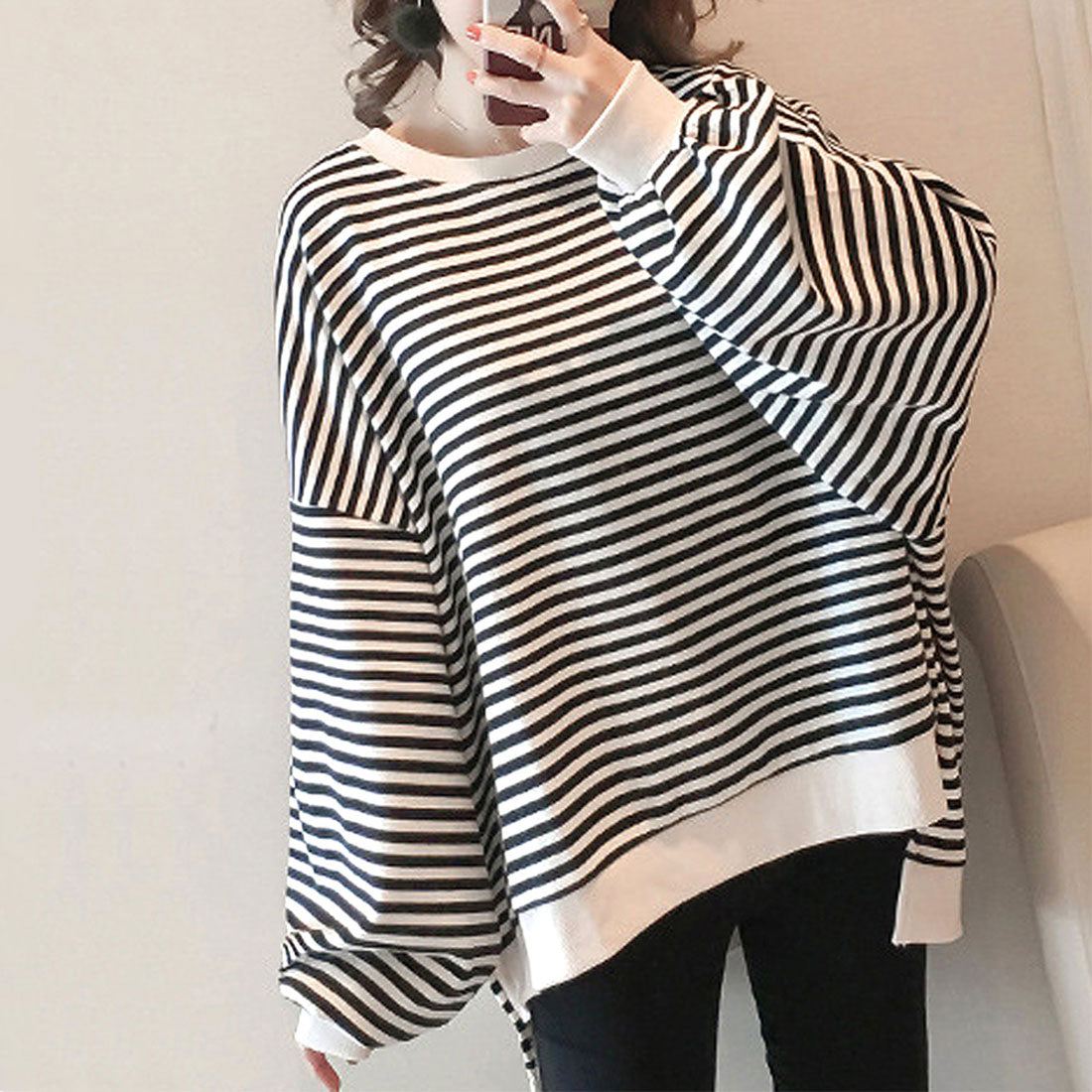 アミュレット Amulet ストライプトップス ルーズオーバー シルエット コットン ブレンドバルーンスリーブ ボーダープルオーバー (ブラック) ブラック