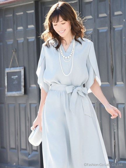 選べる2タイプのTOPS デザインスリーブフレアスカートセットアップ,グレー