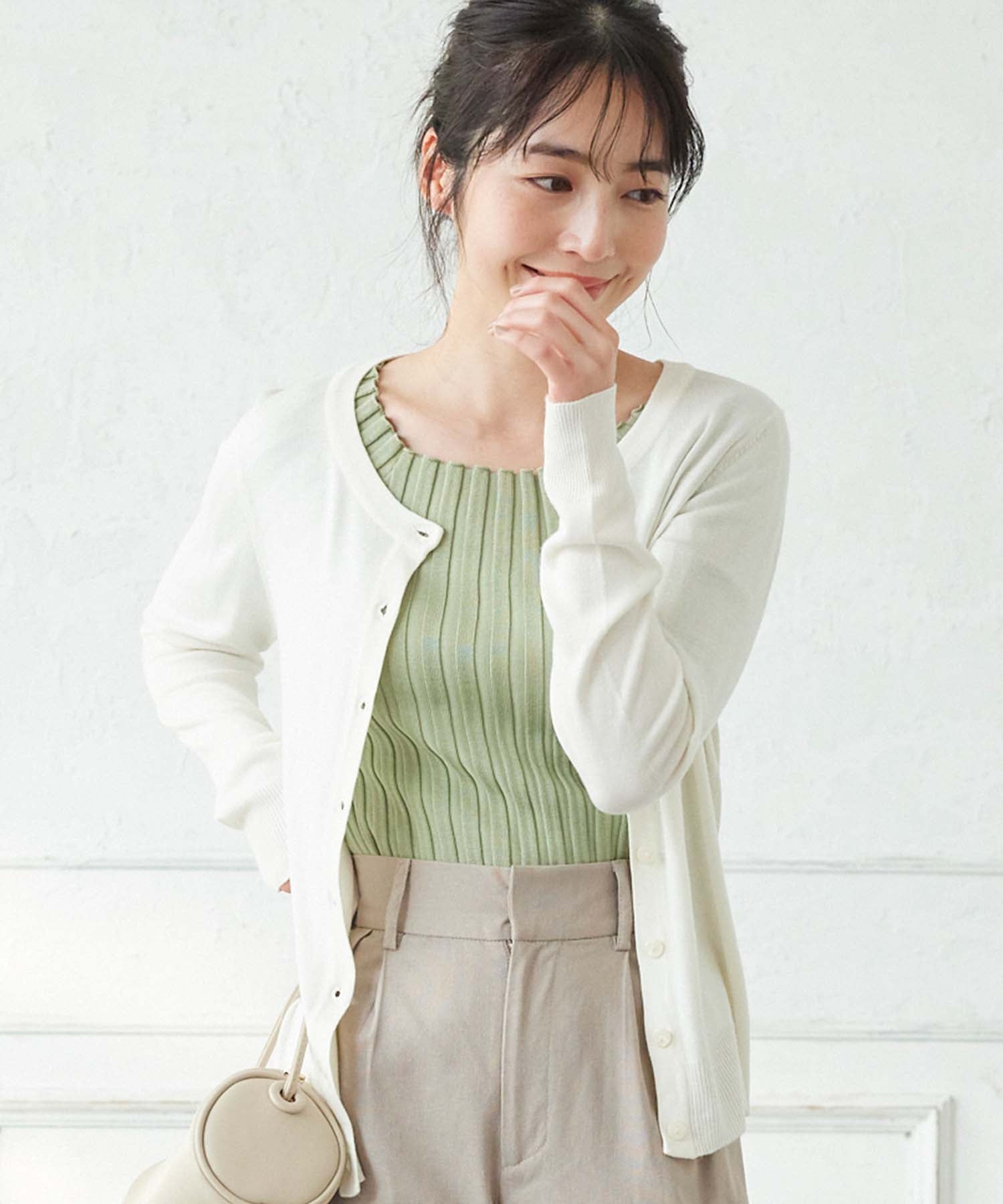 コウベレタス KOBE LETTUCE 洗えるシルクタッチカーディガン【丸首ミディアム丈】(アイボリー) アイボリー