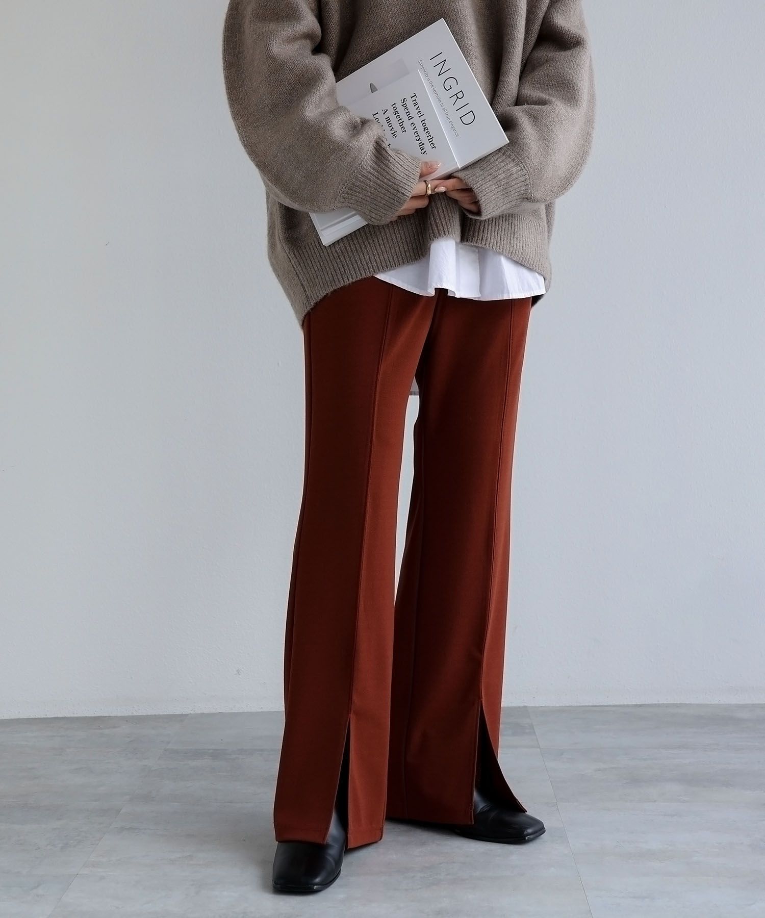 アンドミー andme 梨地ポンチセンタースリットパンツ ウエストゴム