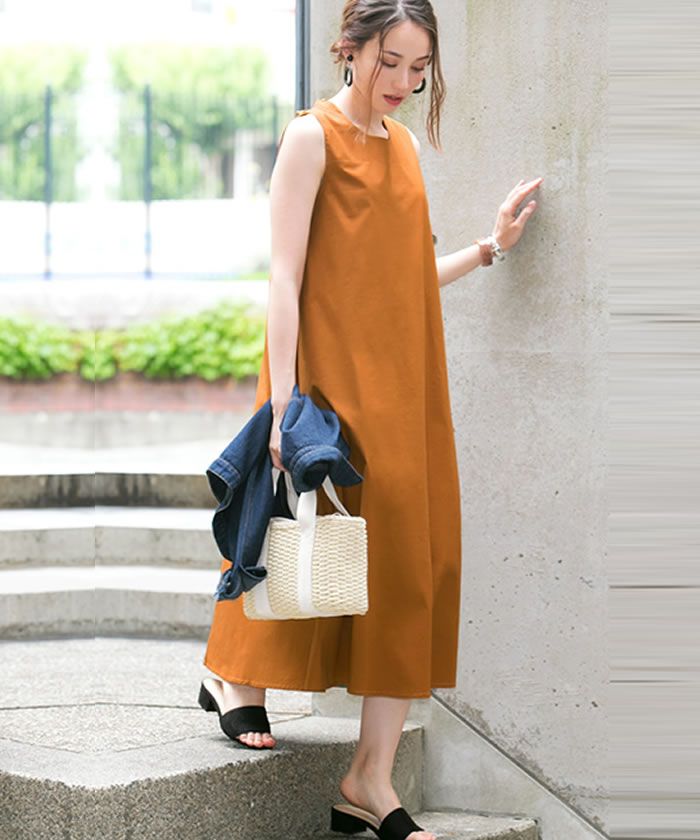 アクアガレージ aquagarage ワンピース ノースリーブ シャツワンピース,ダークオレンジ