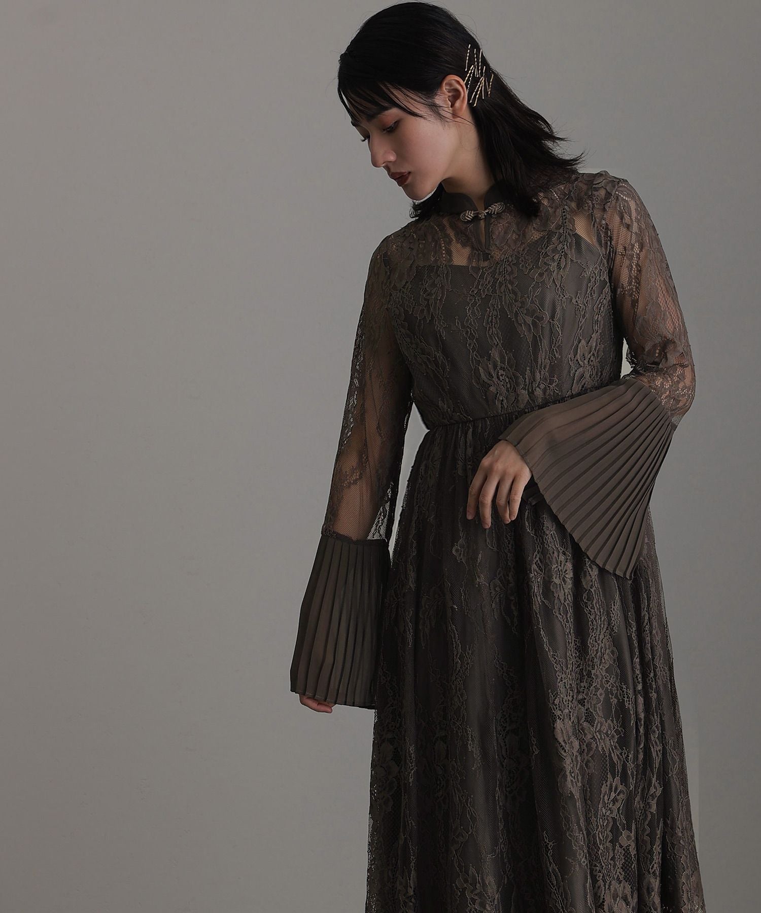 プールヴー PourVous 袖あり&ミモレ丈パーティードレスチャイナ風お呼ばれ結婚式フォーマル ワンピース 20代 30代 40代,チャコール