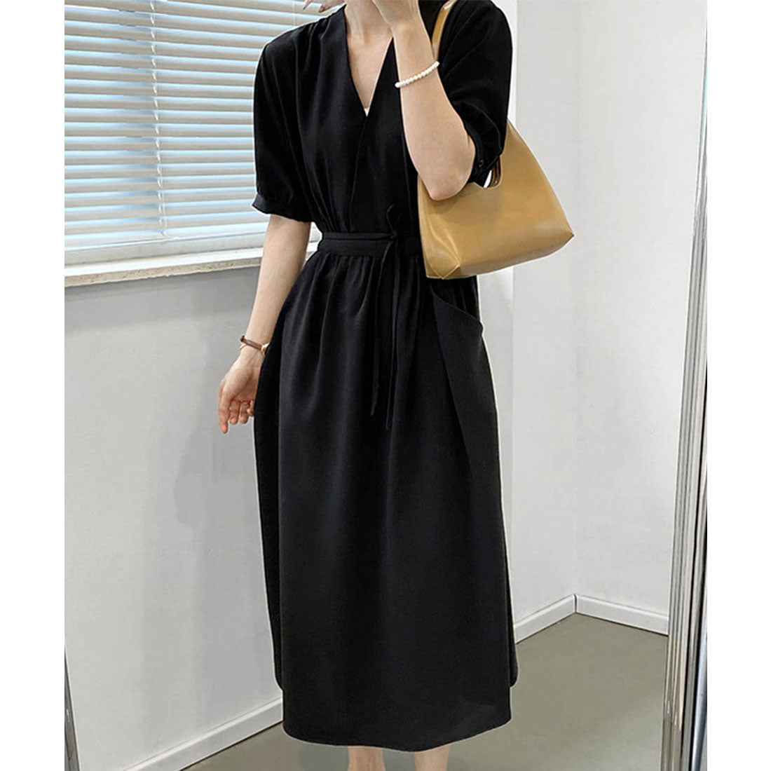 カシュクールワンピース Vネック夏ワンピ ブラック