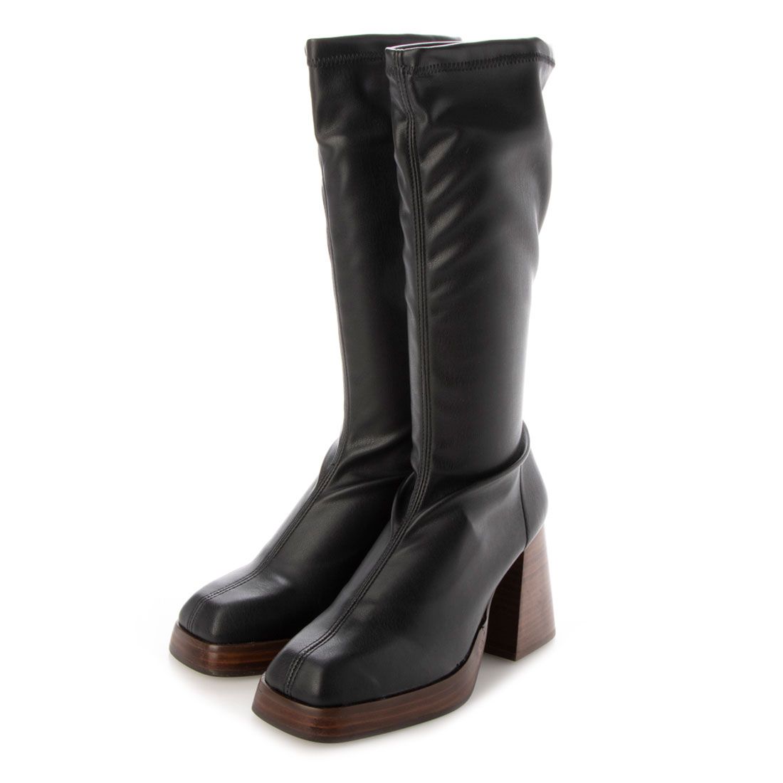 アンヘル アラルコン ANGEL ALARCON チャンキーヒールストレッチブーツ,ブラック