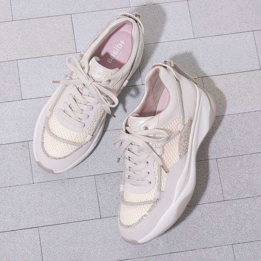 プラスダイアナ +diana ヒールアップスニーカー,アイボリーメッシュ