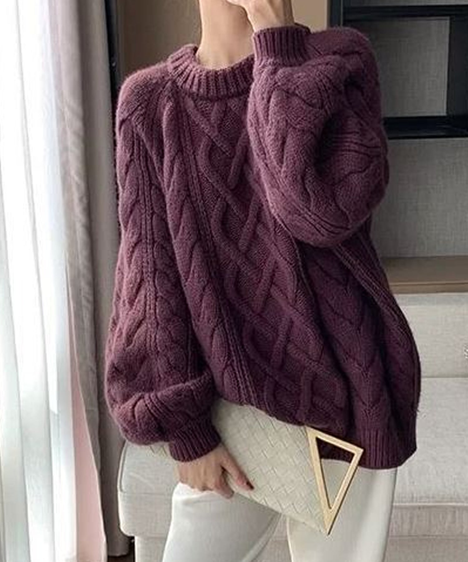 グランディール Grandeir 切替デザインケーブルニットトップス (パープル) パープル