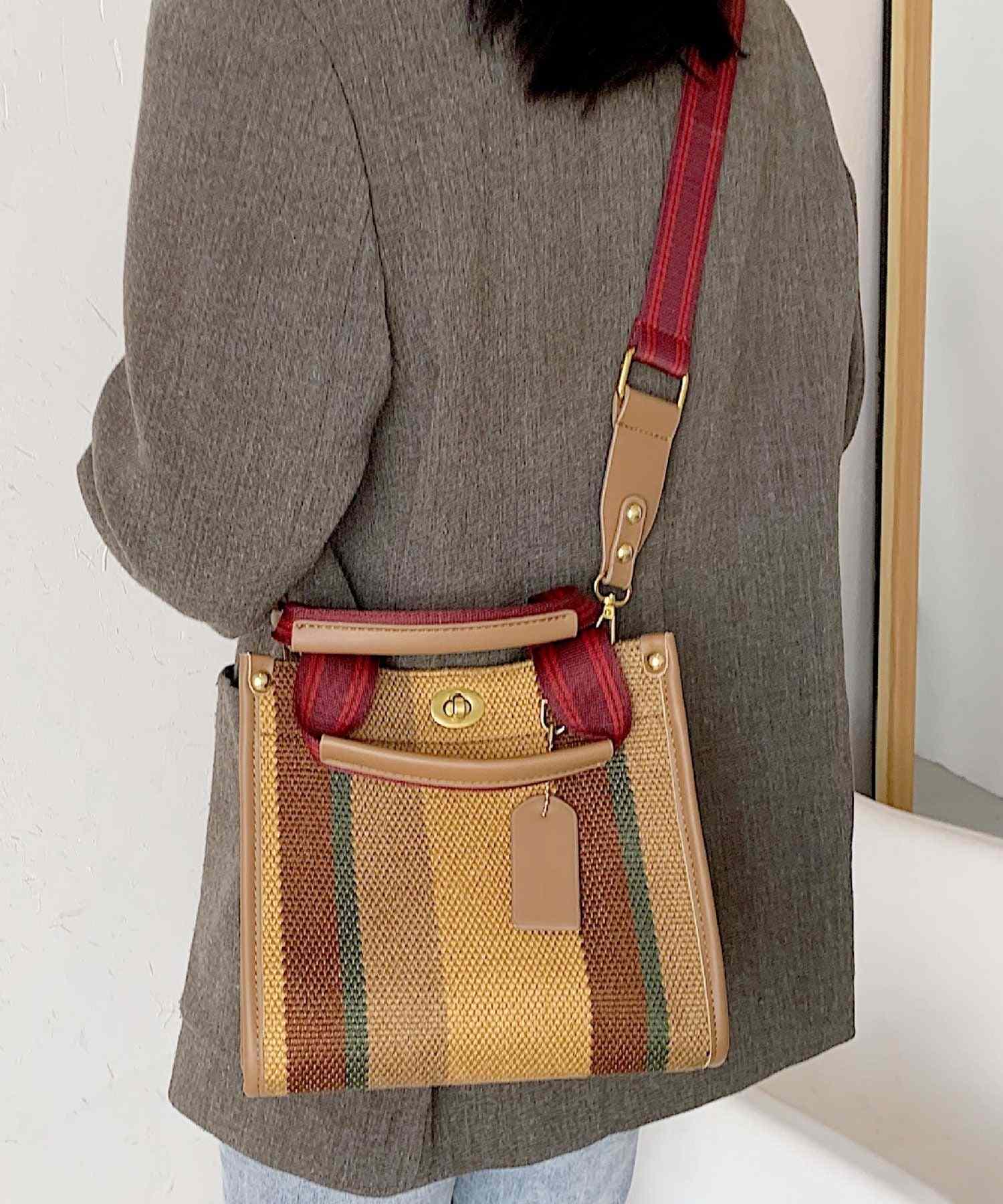 フロージュ florge 【2size展開】【3way】レトロストライプキャンバストートバッグ/ショルダーバッグ Sサイズ,マスタード×ブラウン