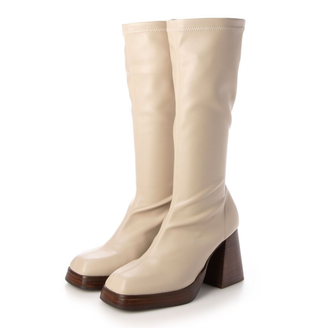 アンヘル アラルコン ANGEL ALARCON チャンキーヒールストレッチブーツ,ベージュ