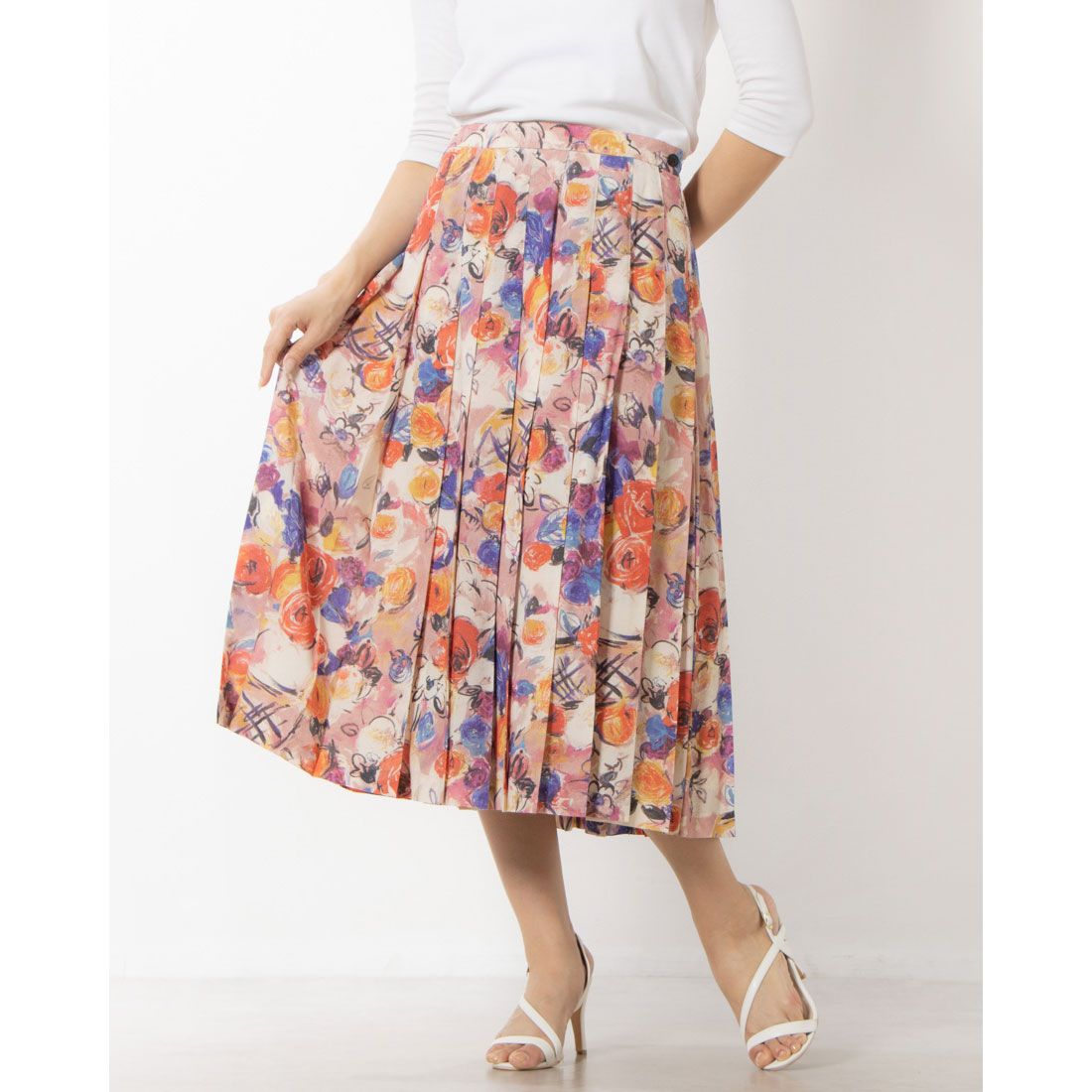 オールド イングランド OLD ENGLAND フラワープリントプリーツスカート,ピンク