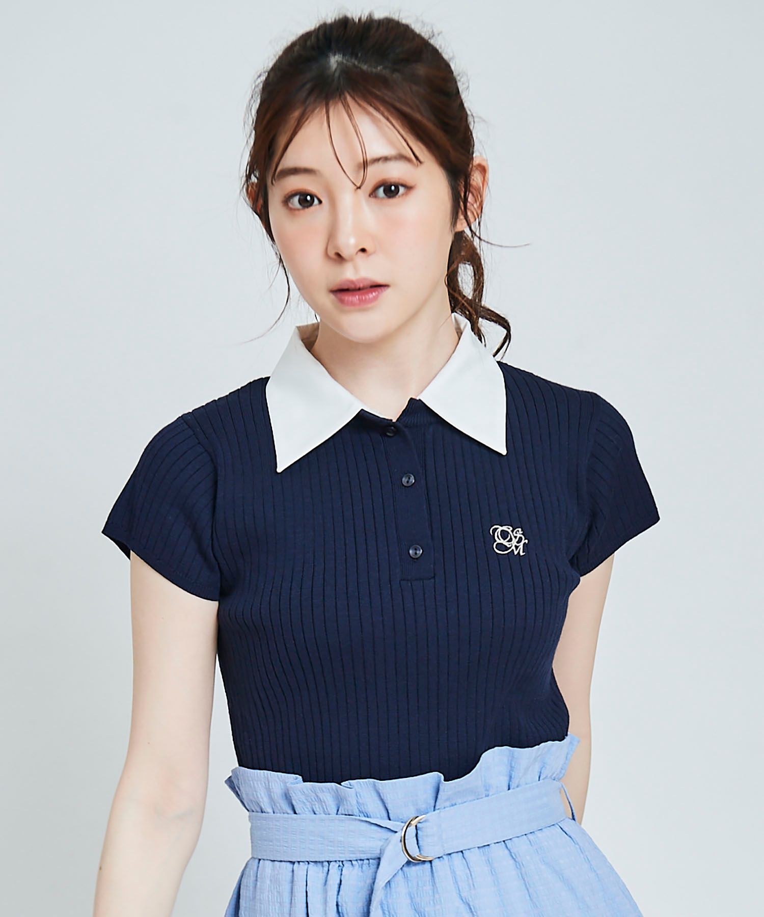 トランテアン ソン ドゥ モード 31 Sons de mode シャツ襟付き2WAYリブニット,ネイビー