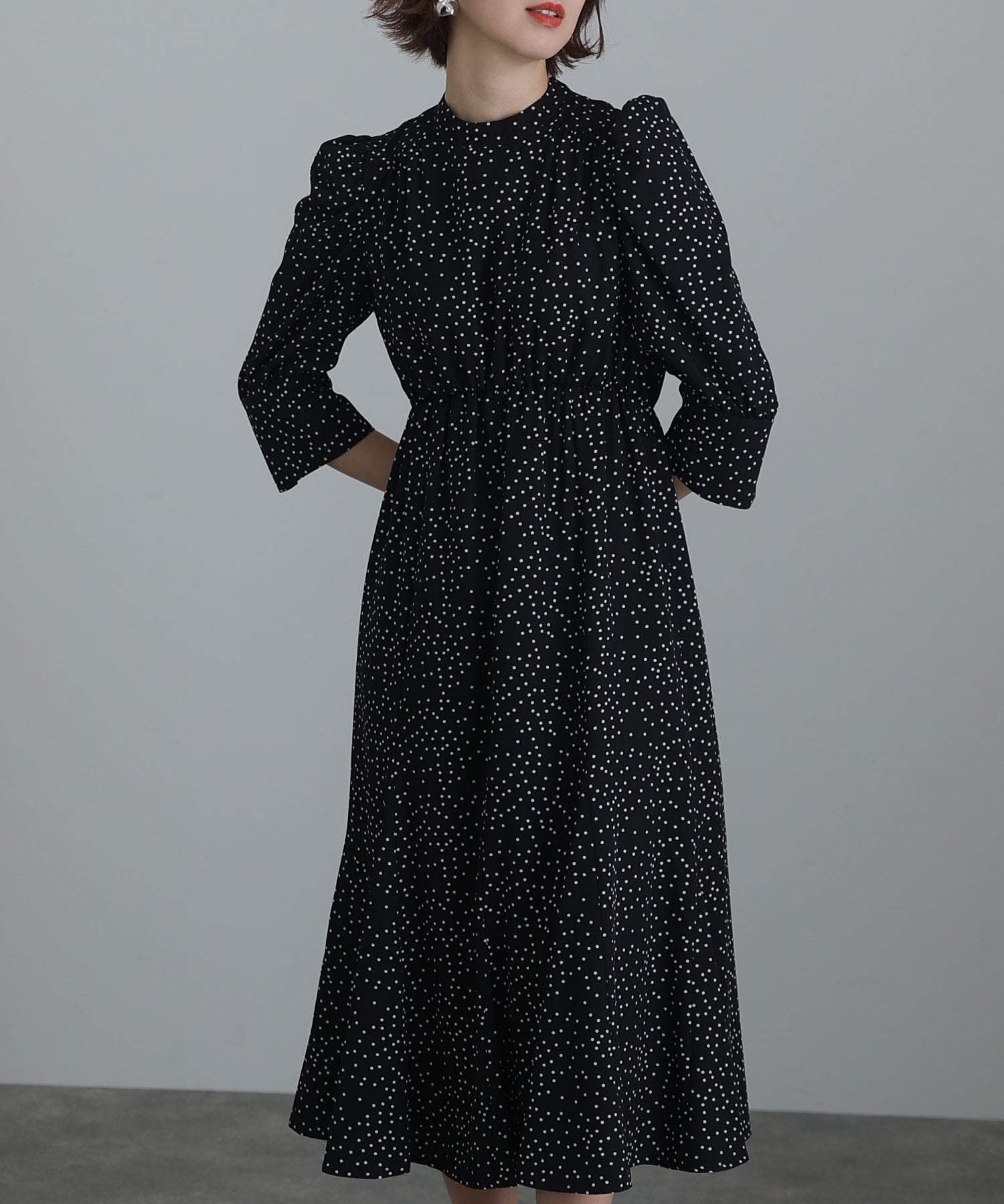 プールヴー PourVous 結婚式パーティードレスレトロ袖あり&ミモレ丈お呼ばれフォーマル ワンピース 20代 30代 40代 (ブラック) ブラック