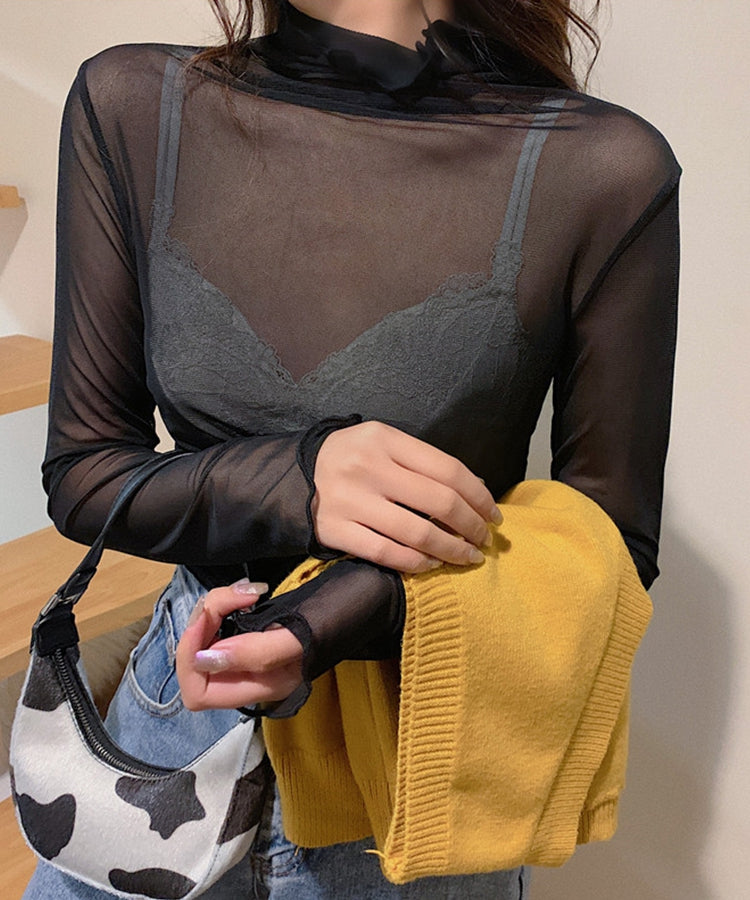 エスイーユー SEU 8色 シアートップス チュールトップス レイヤード 重ね着 プルオーバー シースルートップス 韓国ファッション (ブラック) ブラック
