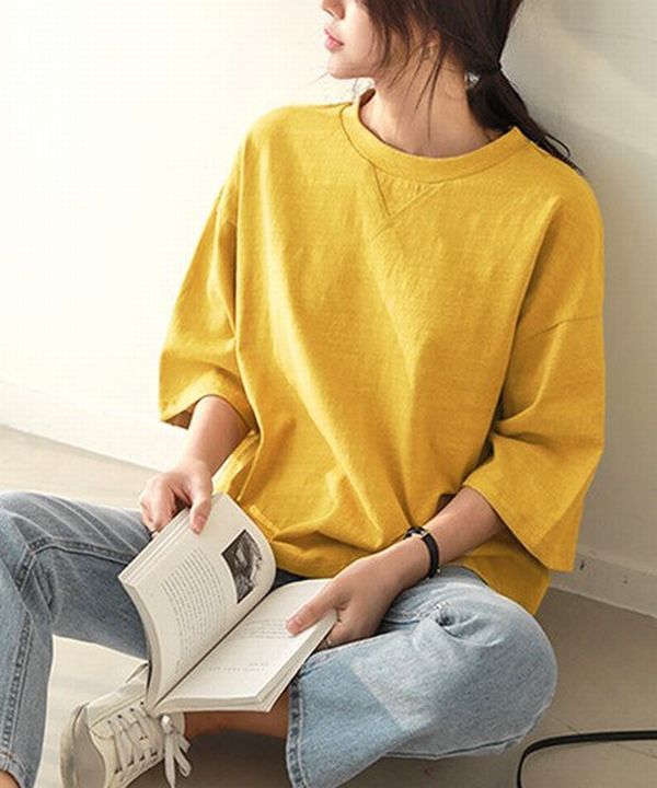 アミュレット Amulet 5分丈トップス カジュアル シンプル レディース おしゃれ 半袖,マスタード