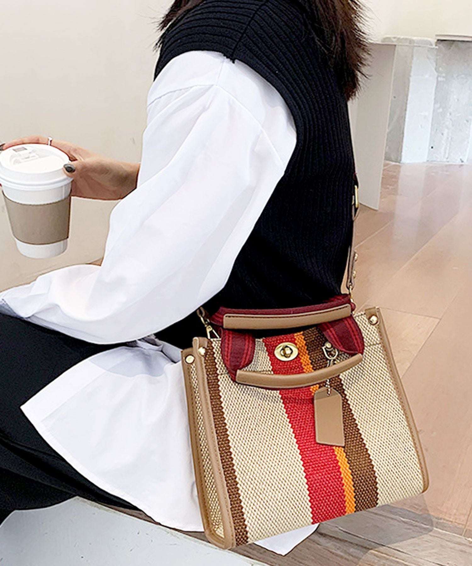 フロージュ florge 【2size展開】【3way】レトロストライプキャンバストートバッグ/ショルダーバッグ Sサイズ,レッド×ブラウン