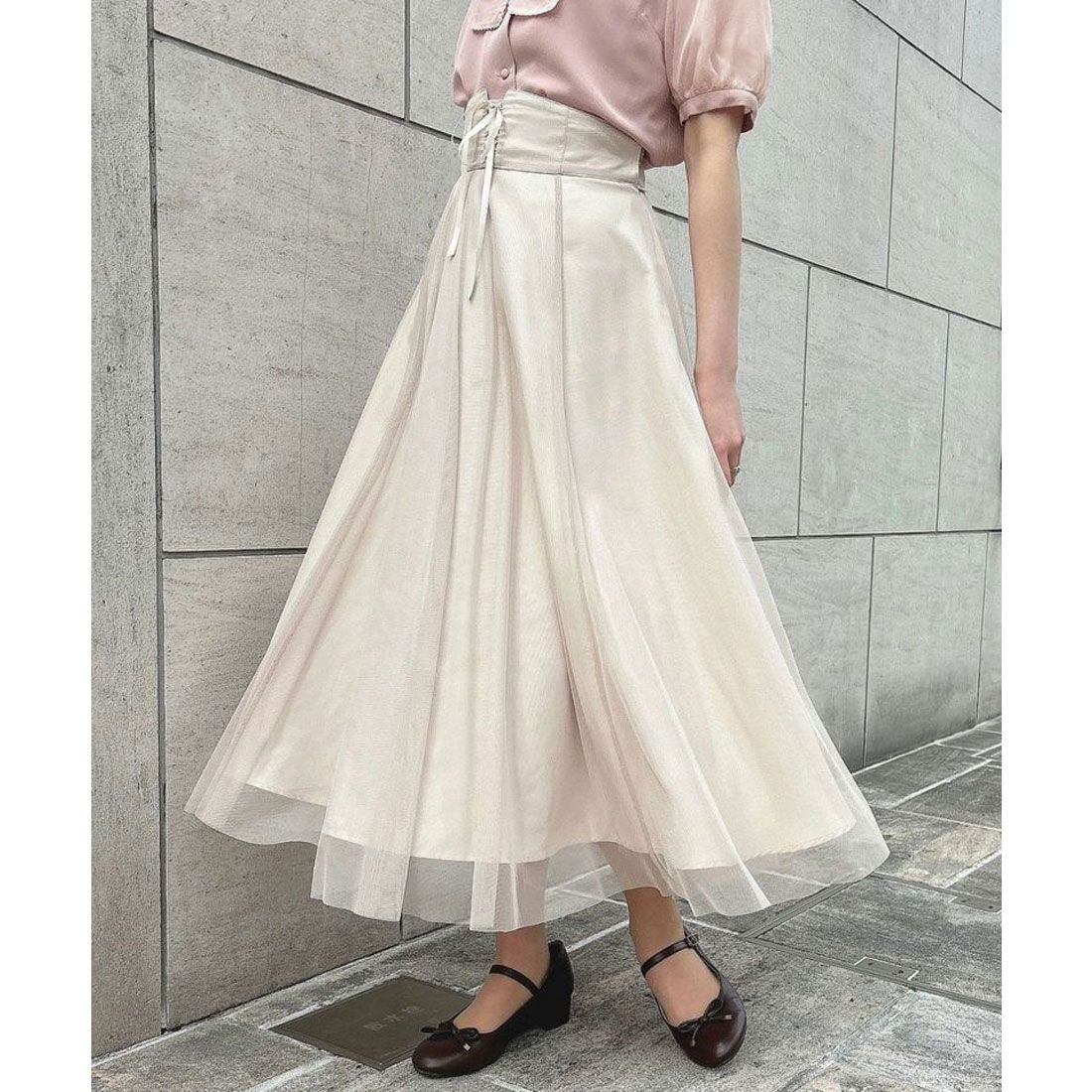 フィント F i.n.t フロントレースアップチュールフレアースカート【洗える】,IVORY