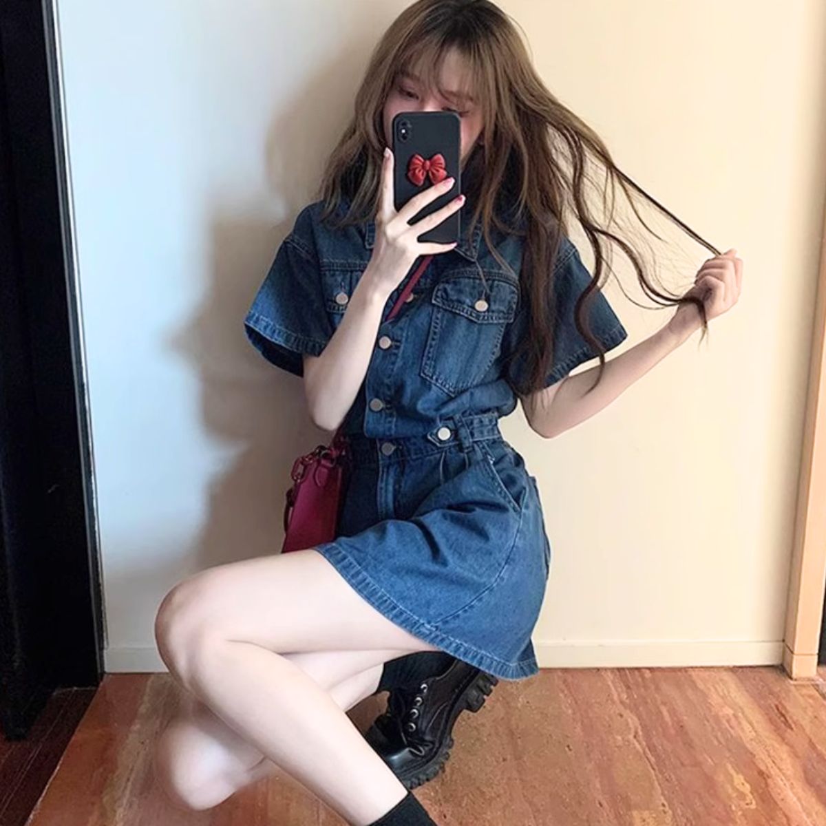 ベルシー Belle Cie デニムワンピース ワンピース ツイル 半袖 ミニワンピ スカート レディース 韓国ファッション ひざ上 大きいサイズ フェス 衣装 お揃い イベント (ネイビー) ネイビー