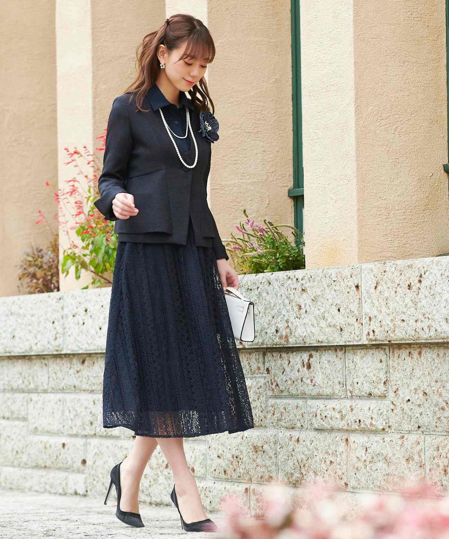 ルイルエブティック RUIRUE BOUTIQUE レースシャツワンピースセットアップスーツ,ネイビー