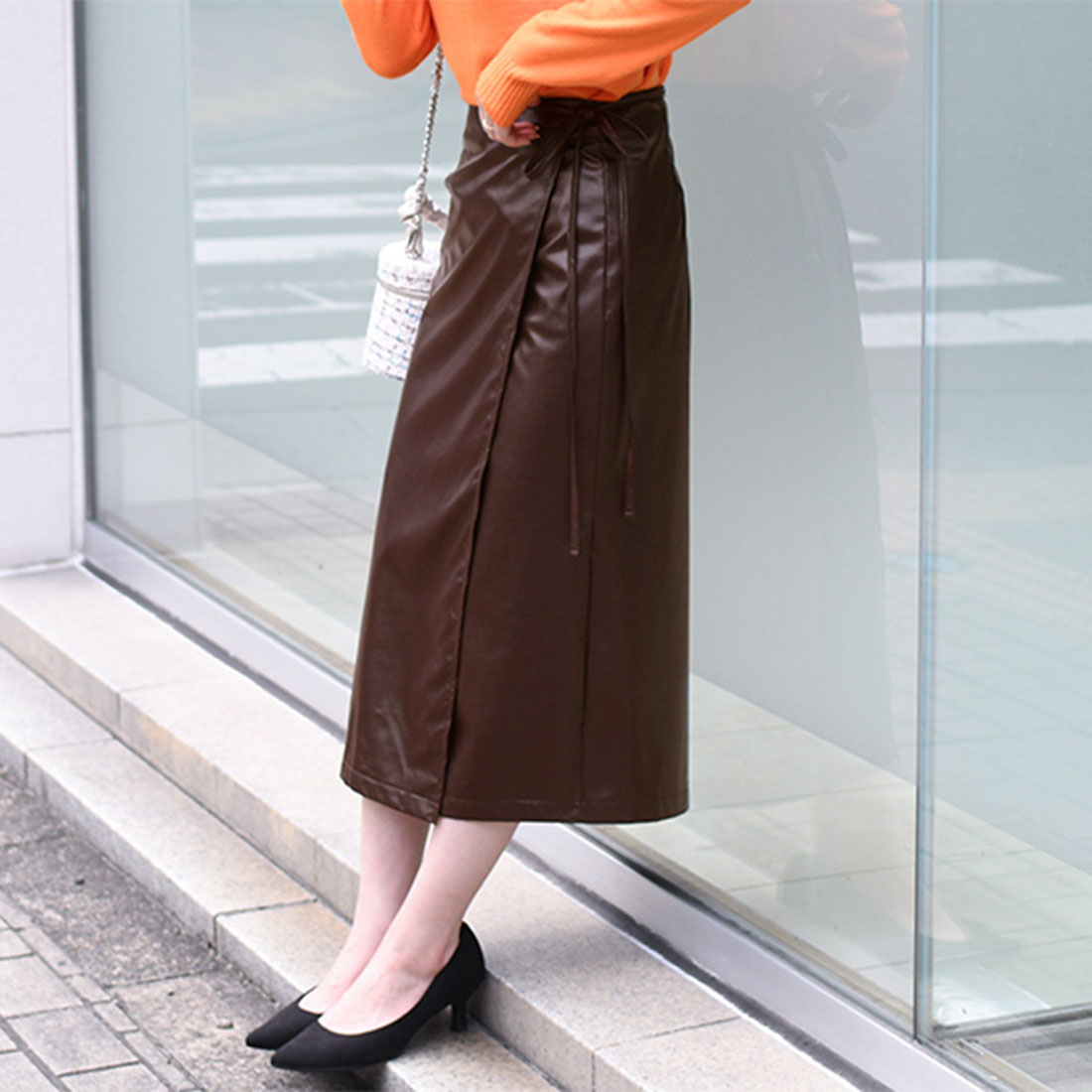 リアルスタイル REAL STYLE ラップスカート レディース ロング 40代 50代 タイト オフィス OL 上品 フェイクレザー 無地 美脚 秋冬 (ブラウン) ブラウン