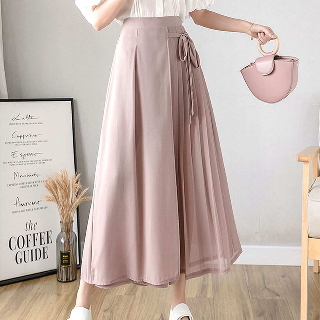 アミュレット Amulet 腰リボンシフォンパンツ レディース ボトム ワイドパンツ 春 夏服 韓国ファッション 10代 20代 30代 オフィスカジュアル 半端丈 ロング プリーツ