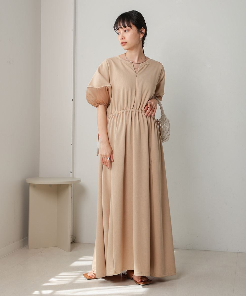 バブ Bab 前後2WAY袖オーガンジーフレアーワンピース,ベージュ