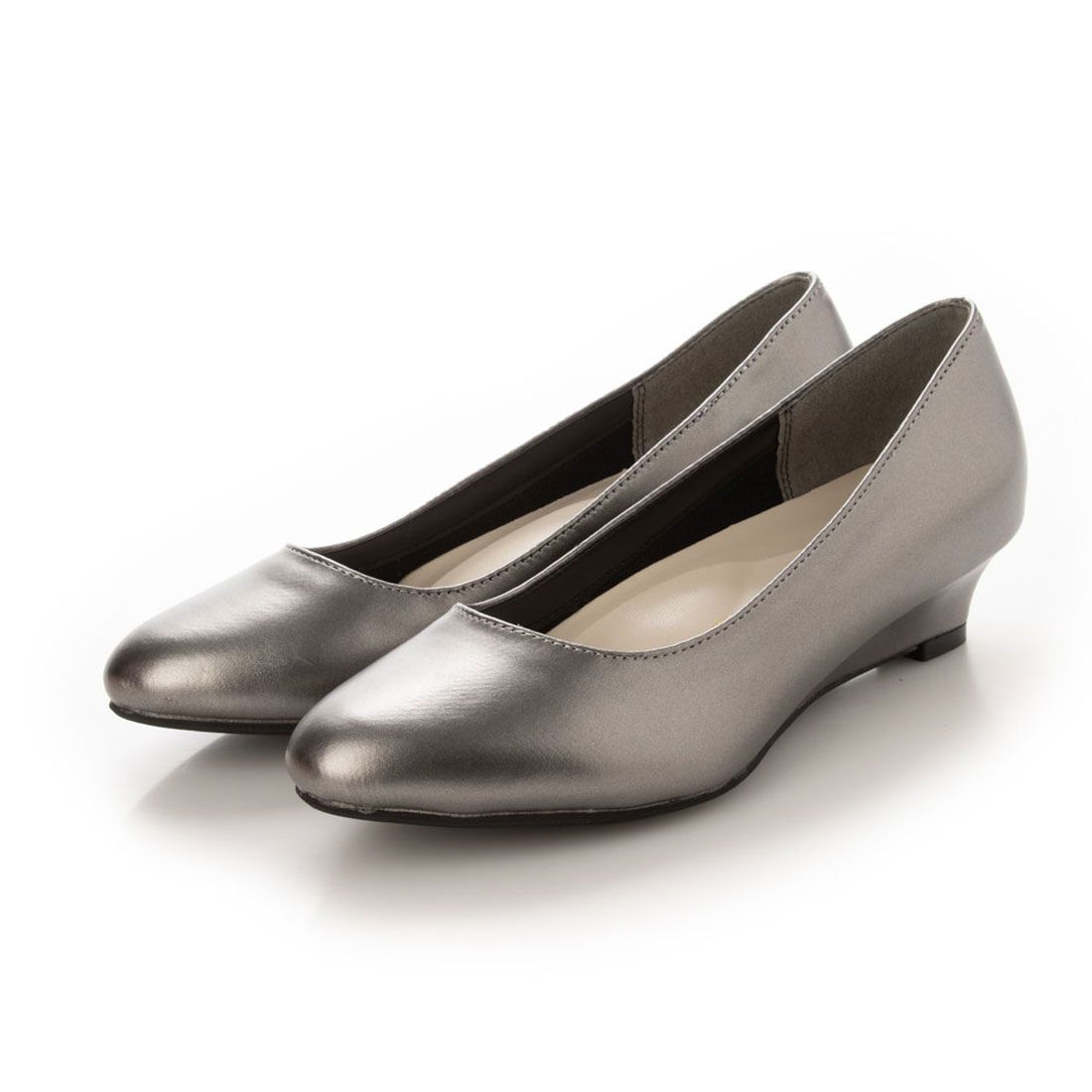 ラナン RANAN 幅広ゆったりアーモンドトゥウェッジパンプス,ガンメタリック