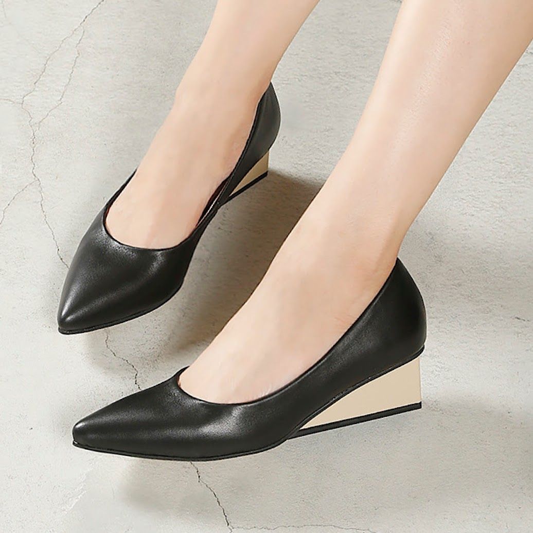 オールブラック ALL BLACK 【Leather】ウェッジヒールパンプス,ブラック