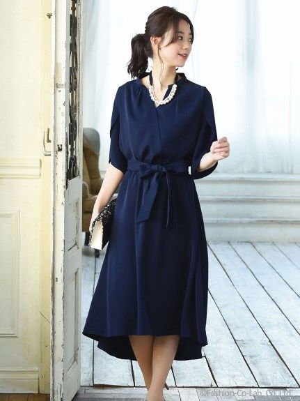 選べる2タイプのTOPS デザインスリーブフレアスカートセットアップ,ネイビー