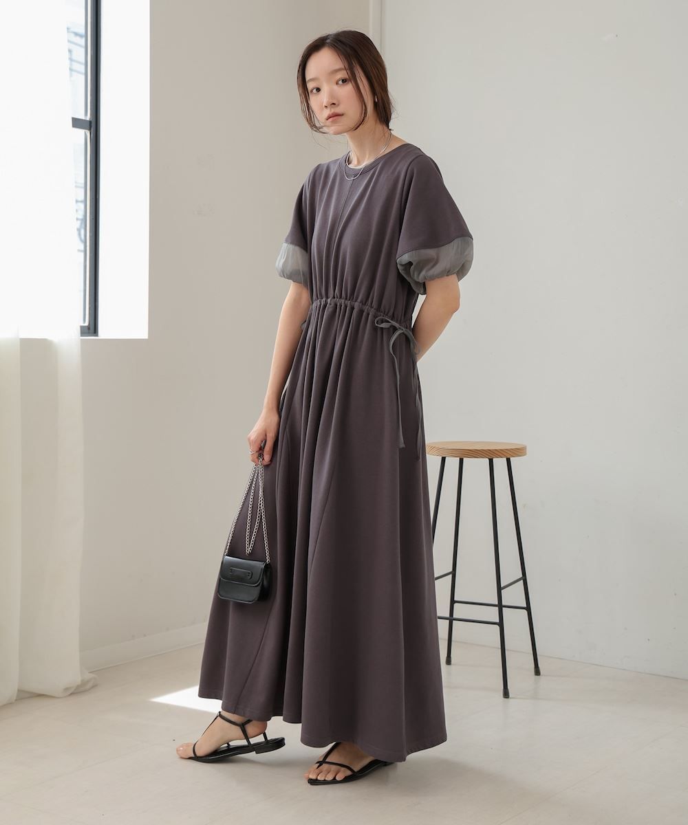 バブ Bab 前後2WAY袖オーガンジーフレアーワンピース,チャコール