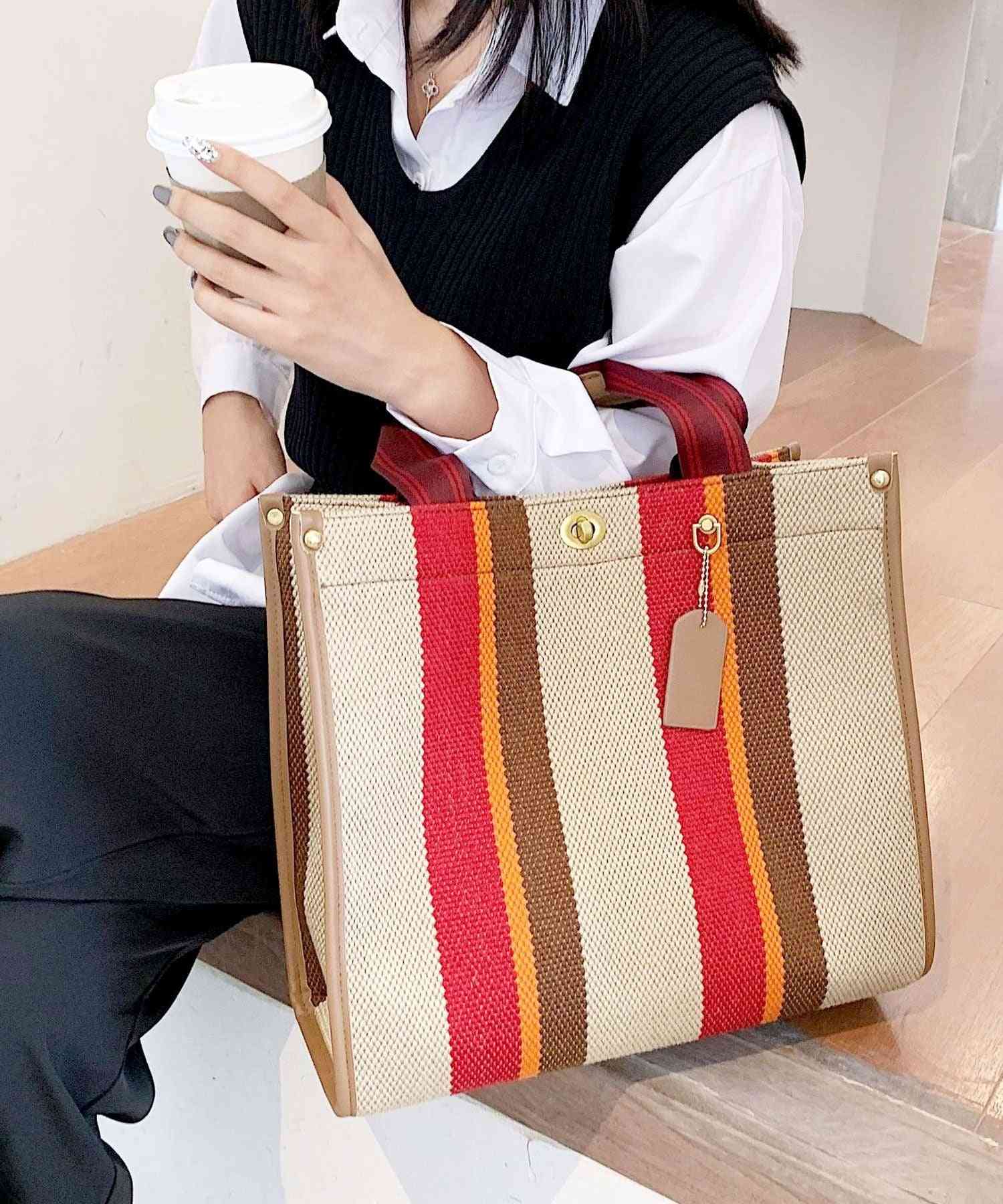 フロージュ florge 【2size展開】【3way】レトロストライプキャンバストートバッグ/ショルダーバッグ Sサイズ,レッド×ブラウン